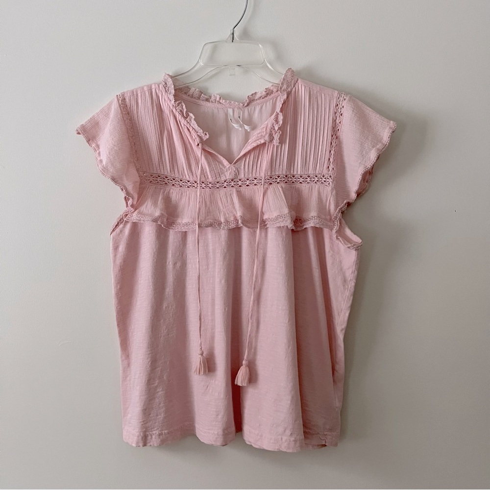 Anthropologie Light Pink Tassel Peasant Top